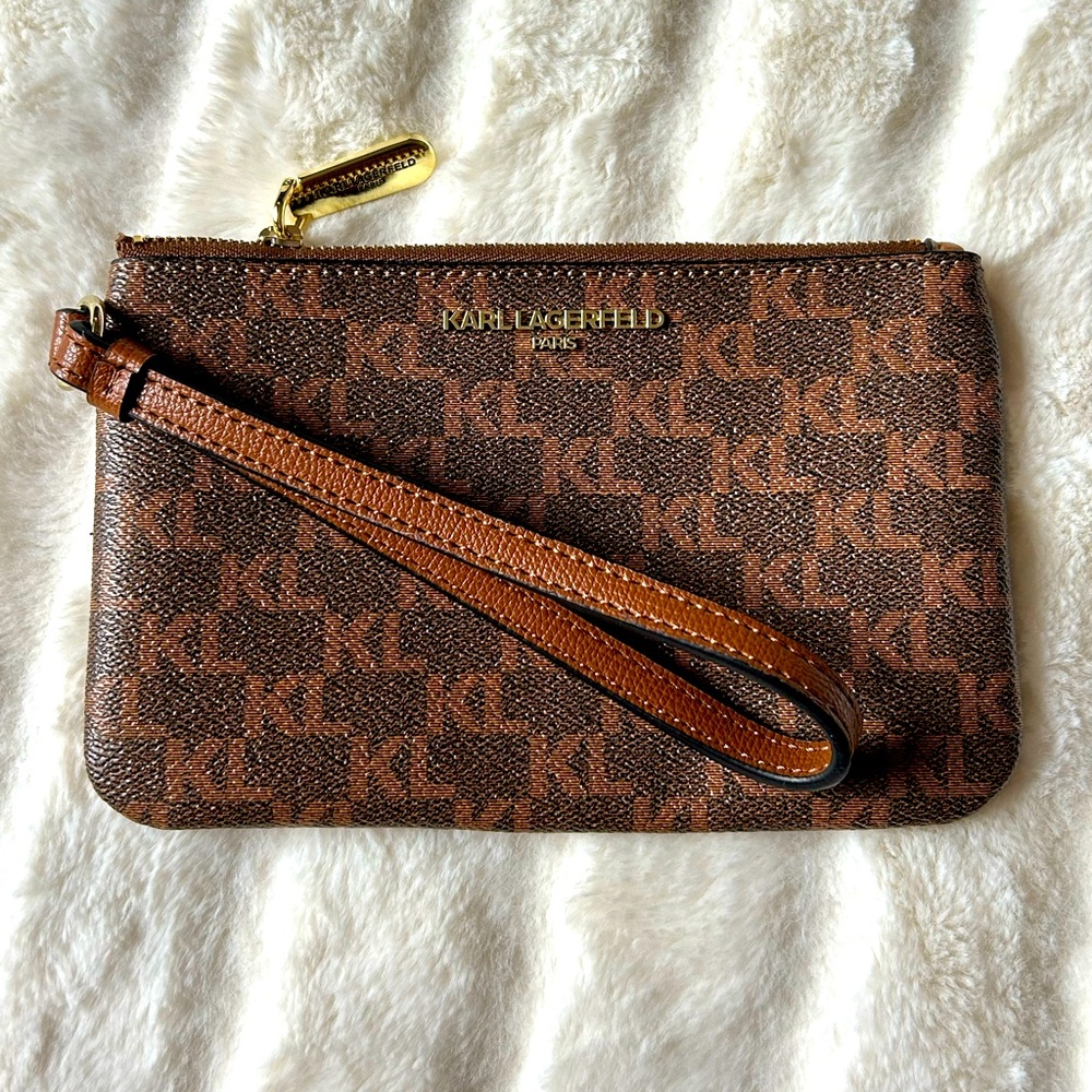 Karl Lagerfeld Paris Faux Leather Logo Print Wristlet Dark Brown